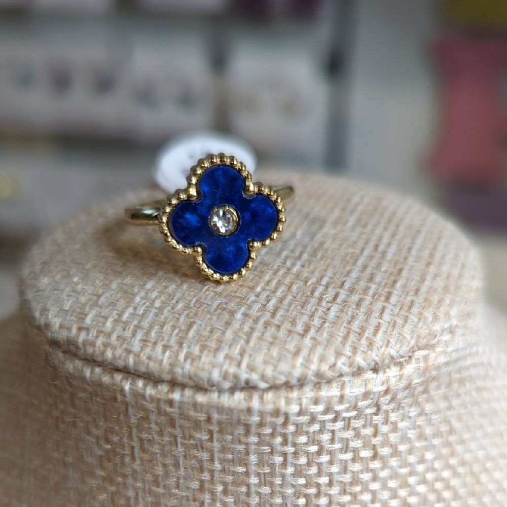 Elegant Blue and Gold tone Flower Ring- Stainless Steel